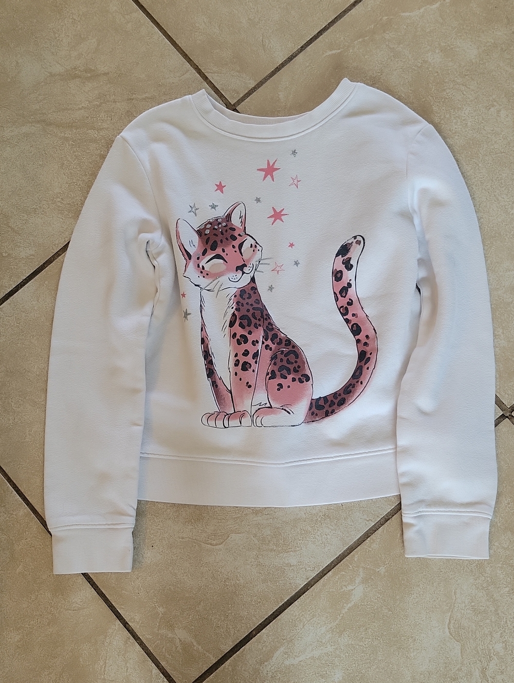 jumping beans White Sweatshirt with Pink Leopard Cat Graphic
